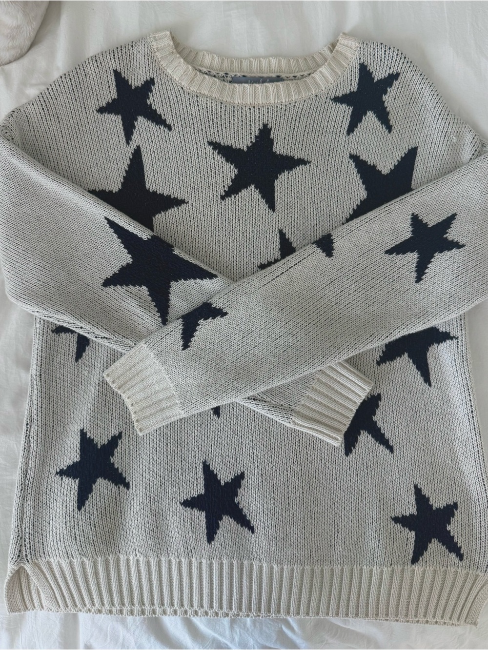 Star Pattern Crewneck Sweater - Cream with Navy Stars